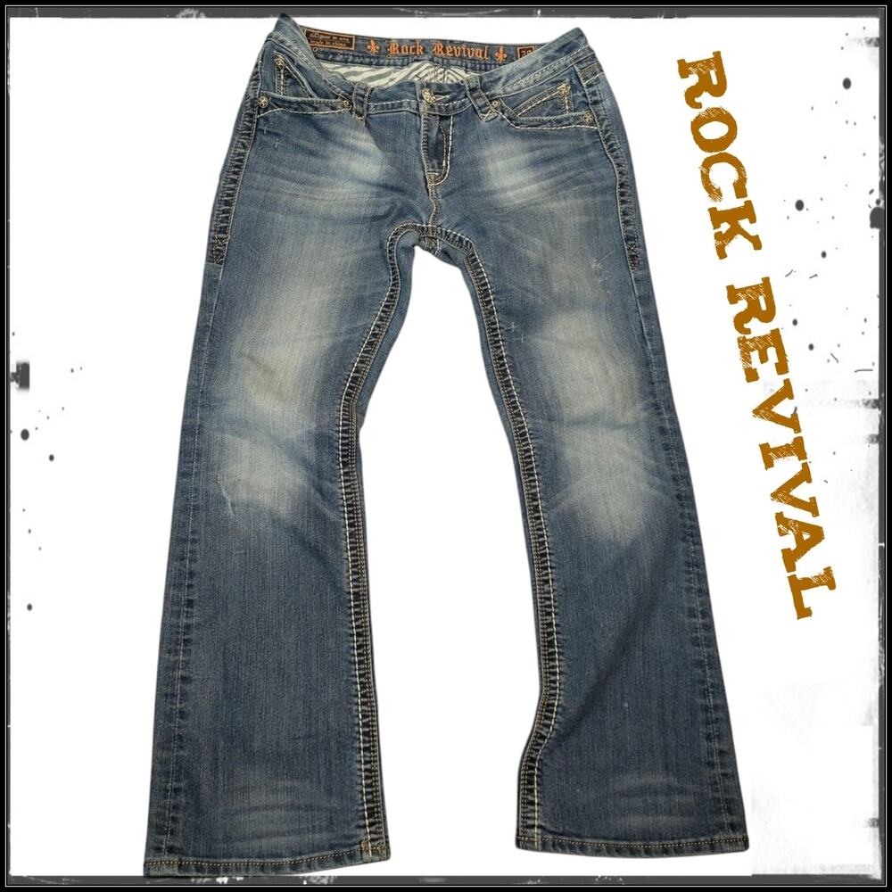 ROCK REVIVAL Easy Bootcut Leah Jeans Fleur de Lis Flap Pockets Women's 28 Y2K